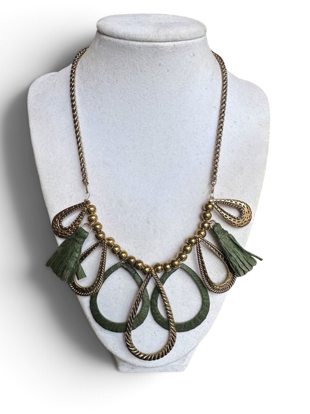 Brass Olive Green Tassel Statement Necklace
